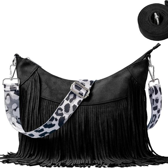 Women Faux Suede Fringed Purse Hobo Bag Tassel Crossbody with Double Long Straps - Picture 1 of 6